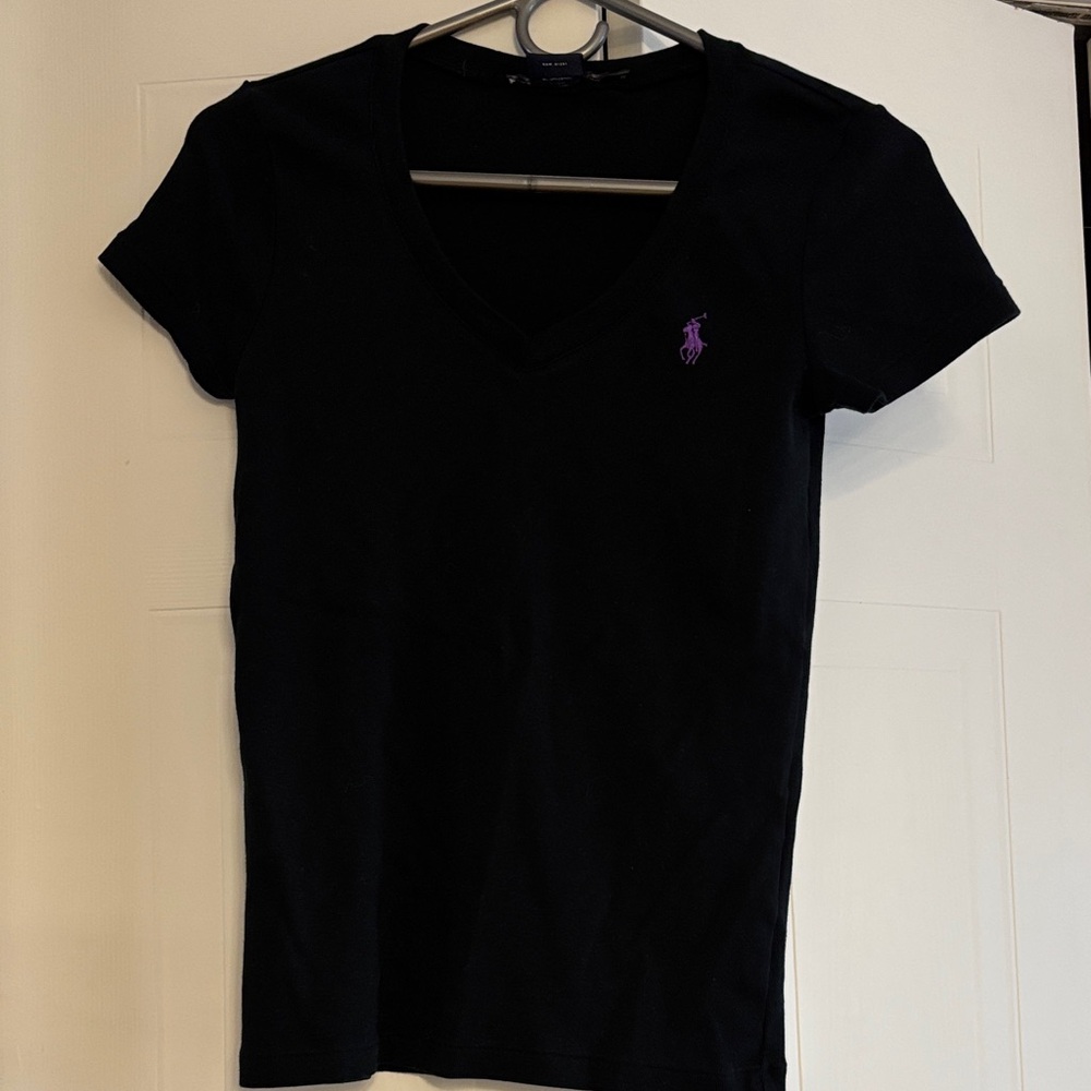 Ralph Lauren Black V-Neck Tee with Purple Pony